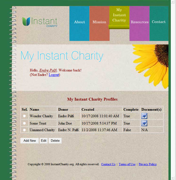 Instant Charity Application Login