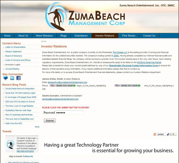 Zuma Beach Entertainment Investor Relations