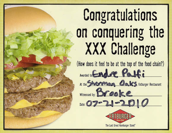 Fatburger XXX Challenge Certificate