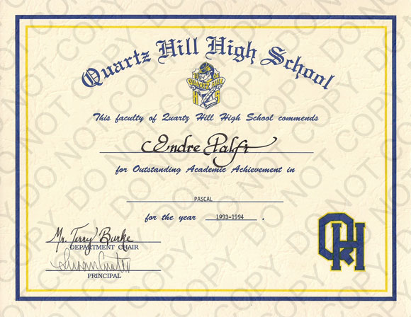 Quartz Hill High School Outstanding Academic Achievement Award PASCAL