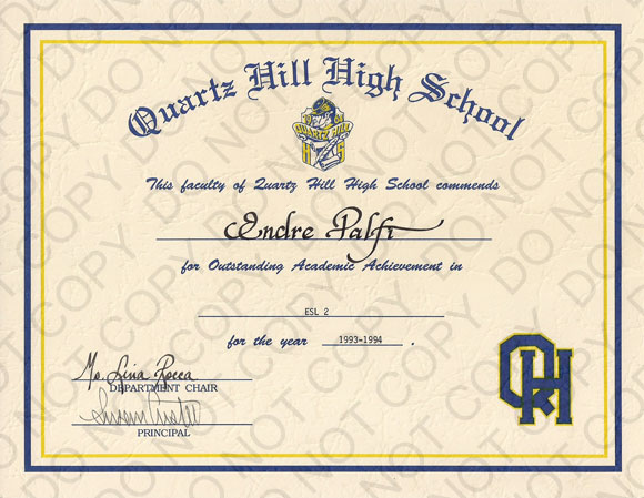 Quartz Hill High School Outstanding Academic Achievement Award ESL 2